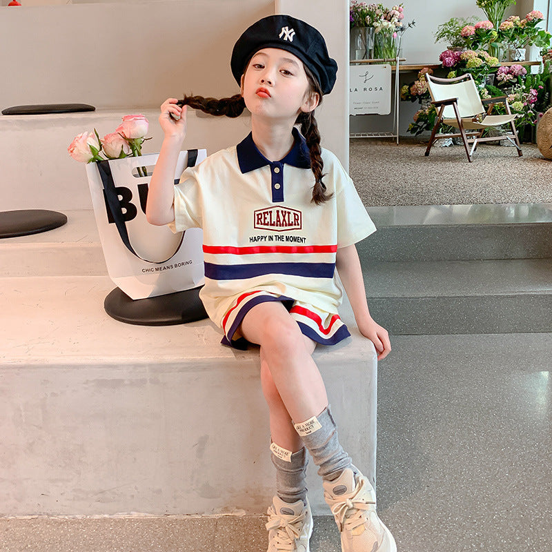Girls' summer outfit : stylish korean-style polo shirt and shorts set for girls - casual two-piece set
