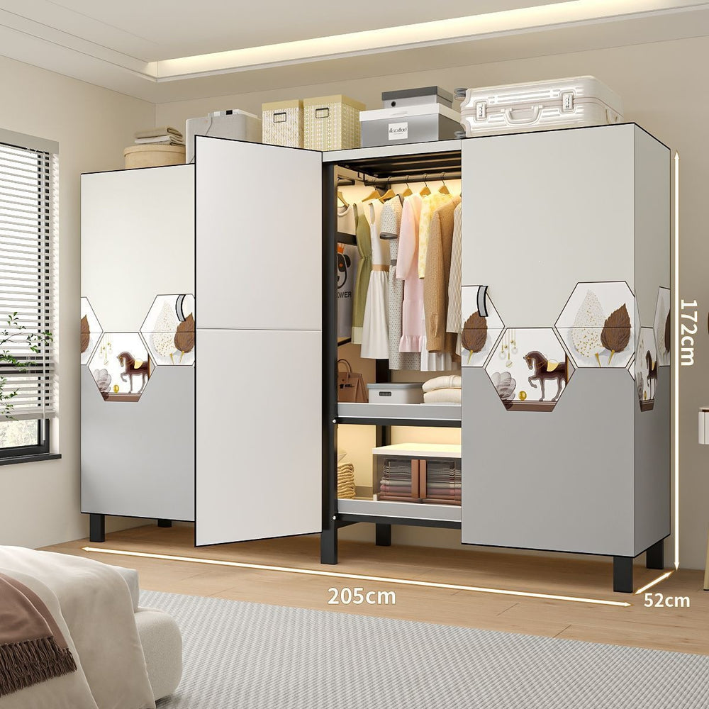 Easy-to-assemble, foldable wardrobe for bedrooms, ideal for home use or rental properties. dustproof, moisture-proof, with reinforced construction, fully sealed, and mildew-resistant. features a convenient swing-out door