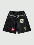 European and american style women's denim shorts - vintage american retro letter patch double-layer waistband loose fit streetwear hip-hop denim shorts