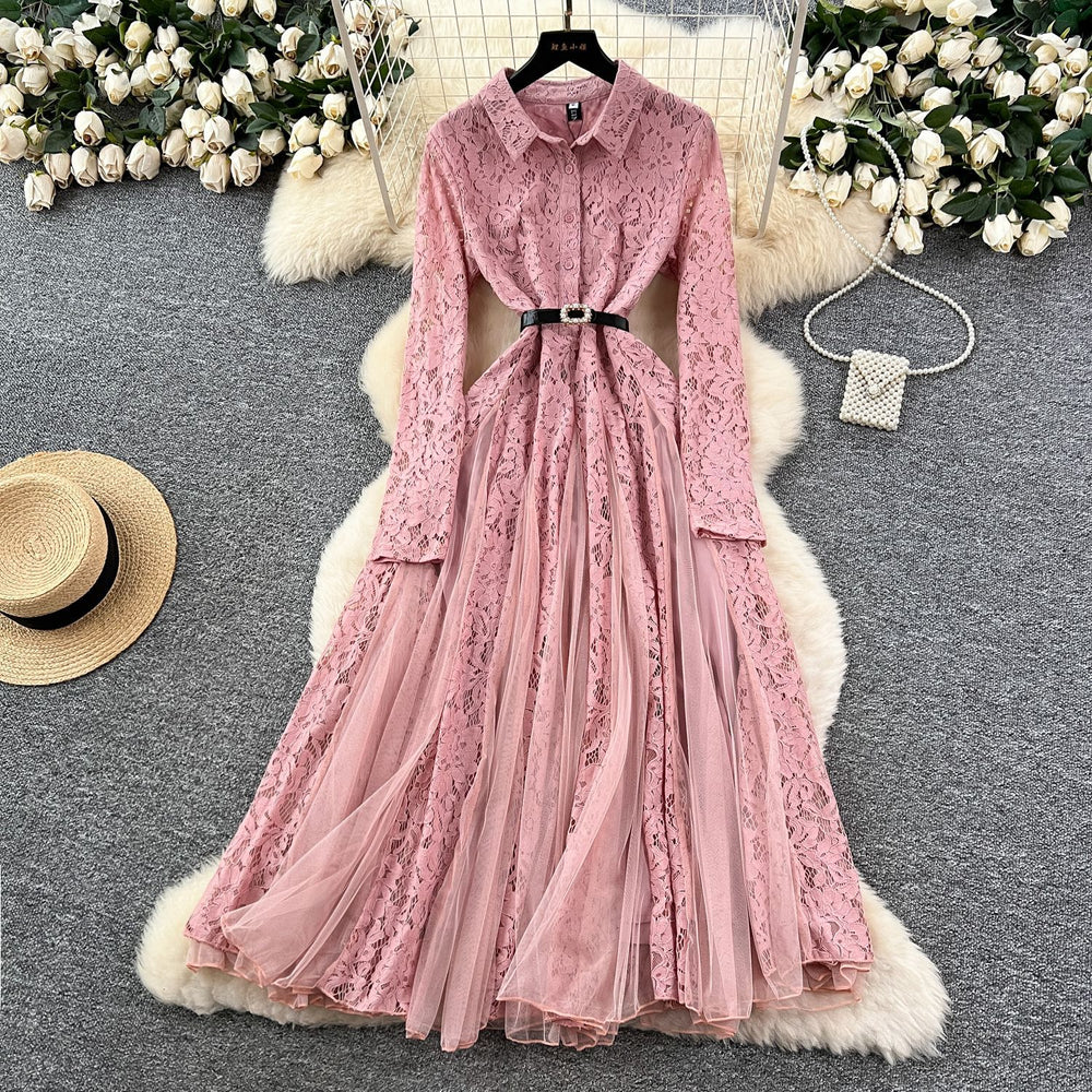 French retroelegancedress women's winter classy crochet lacepatchwork mesh asymmetrical over-the-knee long skirt