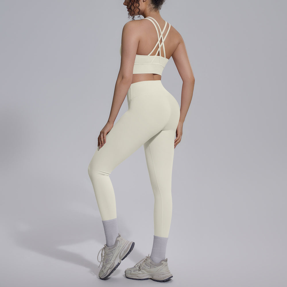 double-sided nylon pure color cross-back tight nude sportswear suit running fitness yoga suit suit