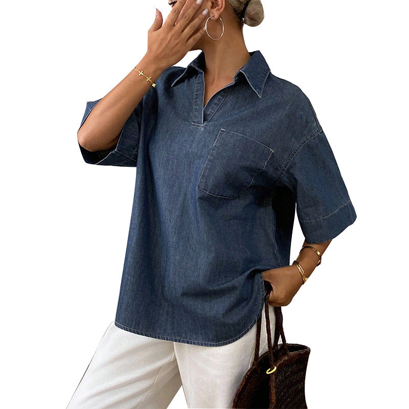 Customized European and American temperament short-sleeved shirt, denim blue V-neck pullover, loose shirt, look at the picture, contract labor and material processing