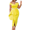 D214   summer short-sleeve bodycon solid color slit ol off-shoulder european and american style dress - cross-border formal dress