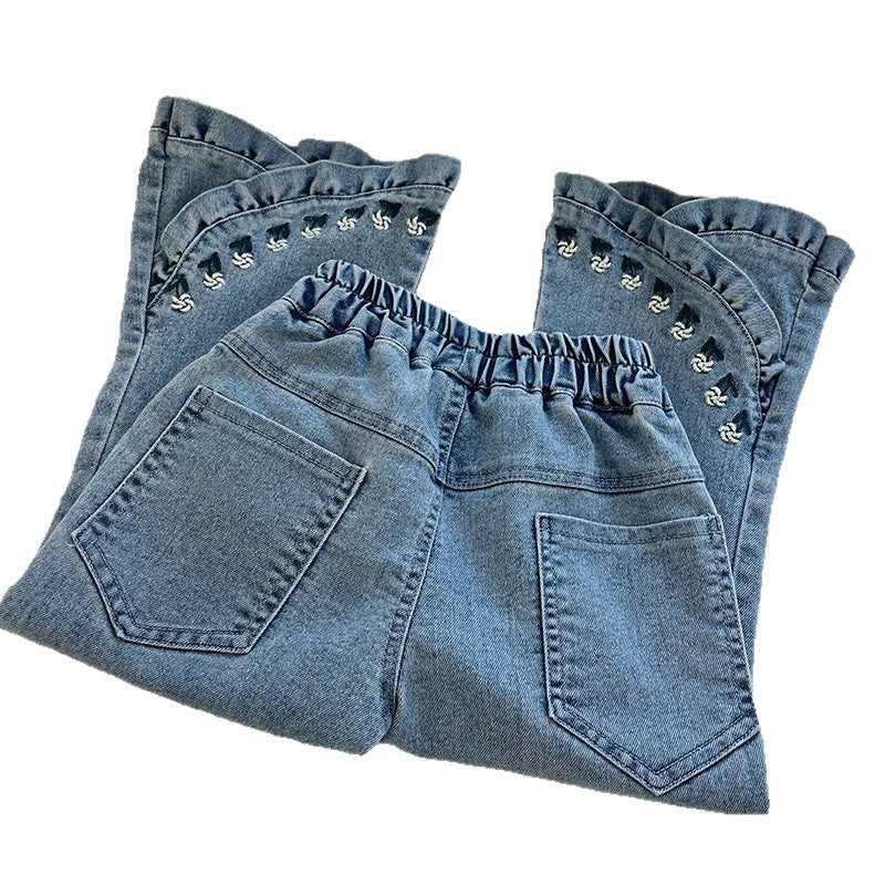 Girl denim bell bottoms spring & fall new arrivaloutwearkorean stylekidsilm spring & fall clothing baby micro-flared pants trendy