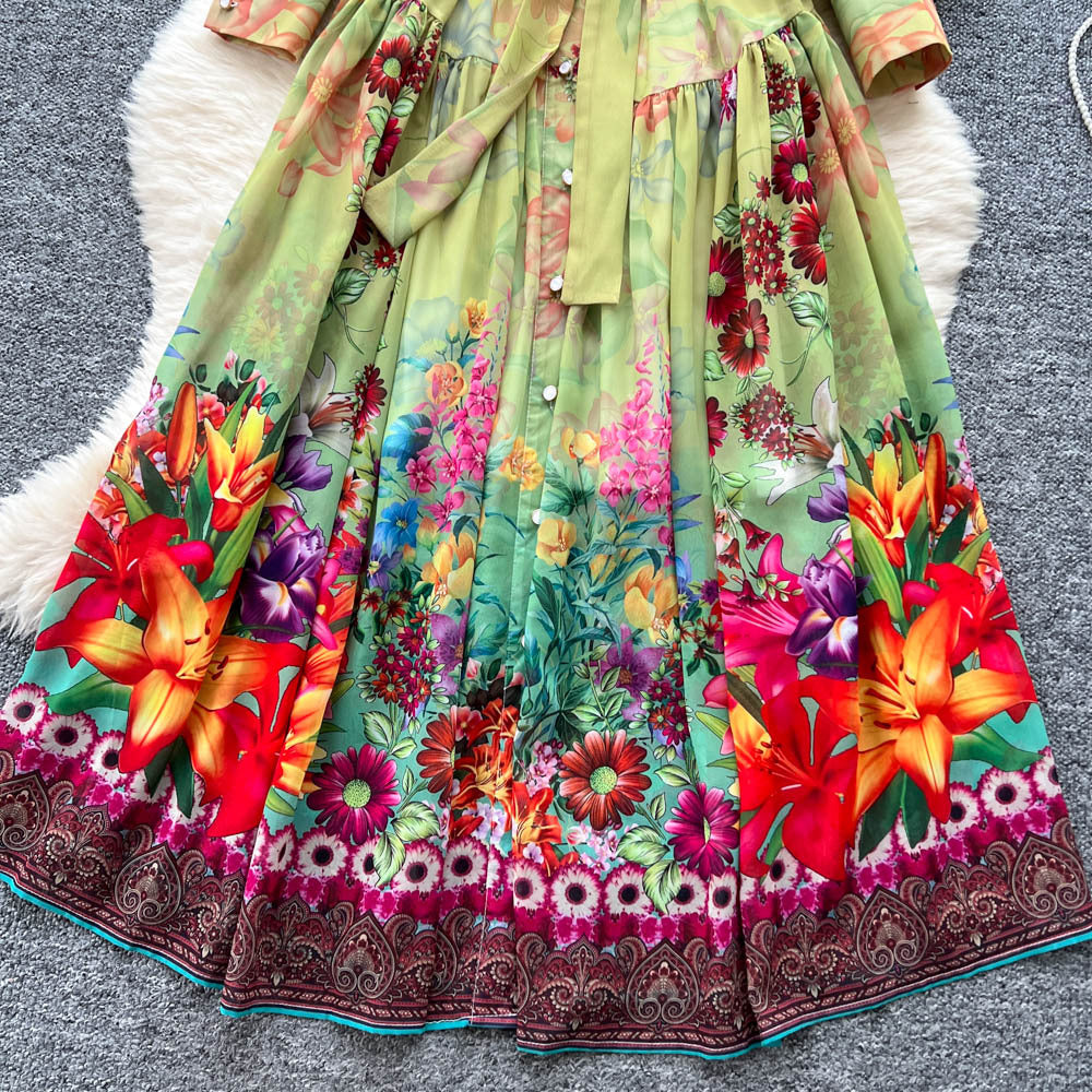 European and american style printed lantern sleeve dress - women's summer single-breasted belted slimming high-end design maxi dress