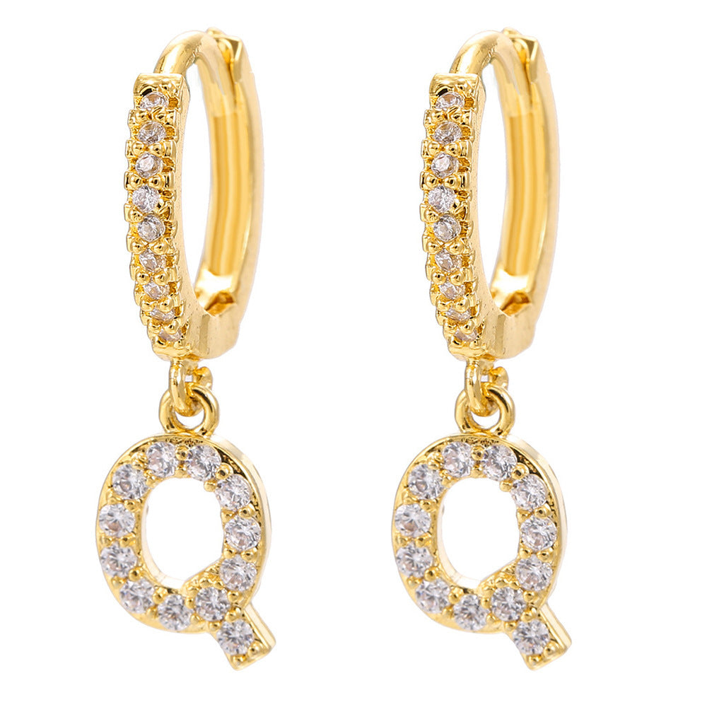 European and american gold-plated micro-paved zircon 26-letter initial pendant earrings - fashionable, unique, high-end, and chic hoop earrings with tassel detail