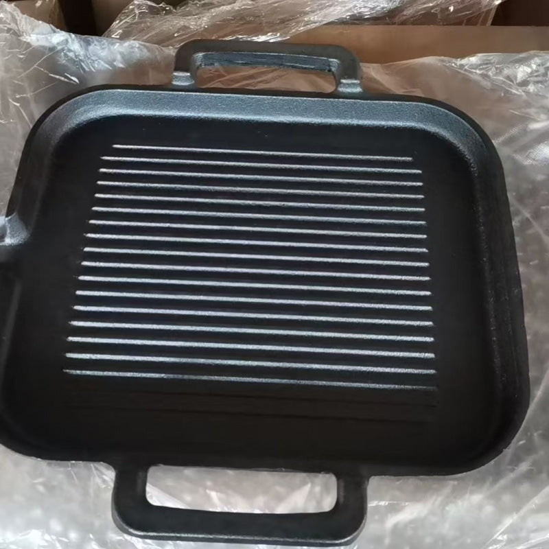 Cast iron square double handle flat bottom striped steak barbecue frying pan grilled beef fried fish fillet striped without chemical coating