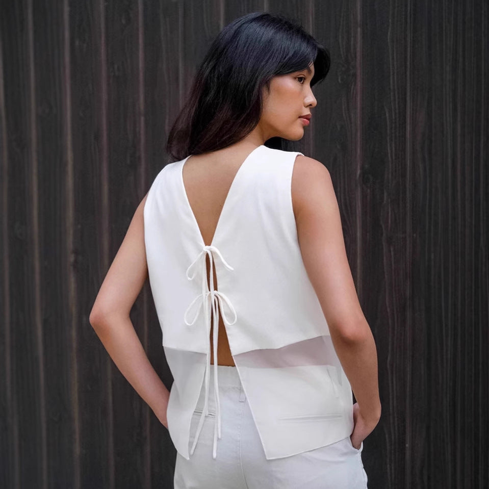 European and American  double-sided lace-up vest vest women's 2025 summer niche foreign-style white splicing cardigan women's clothing