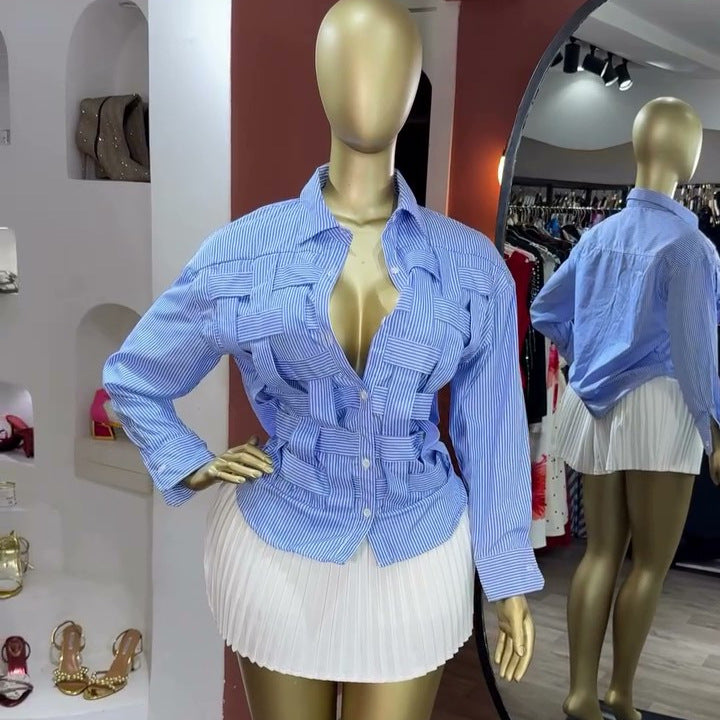 European and american cross-border women's fashion:  summer new arrival - elegant, designer, niche woven turn-down collar striped blouse top