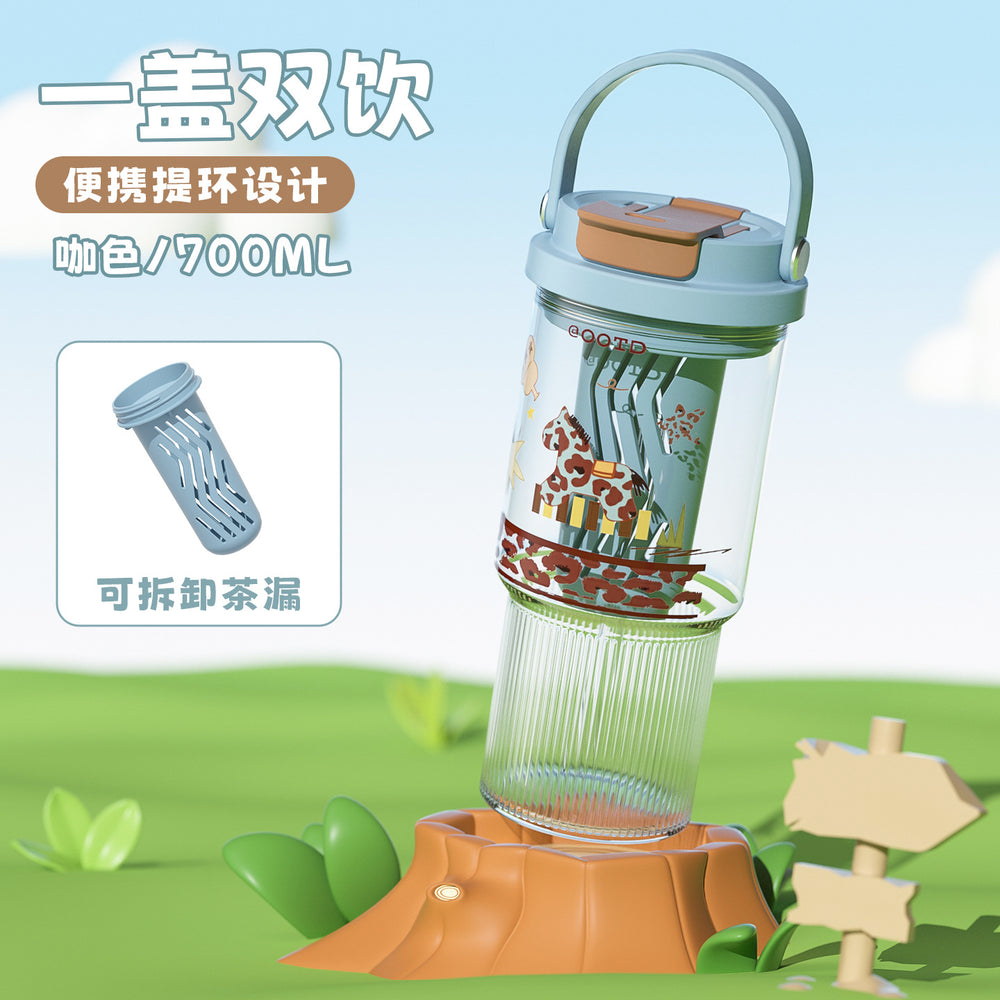 Large capacity outdoor portable cartoon handle double drink plastic cup multi-color leak-proof water bottle kids travel tumbler