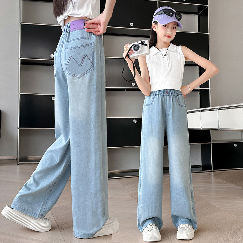 Girls' summer lightweight pants  new style: big girls' ice silk tencel jeans, middle school slim fit wide leg pants
