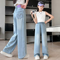 Girls' summer lightweight pants  new style: big girls' ice silk tencel jeans, middle school slim fit wide leg pants