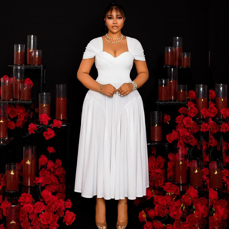 European and american style elegant women's solid color pleated a-line dress v-neck short sleeve slim fit backless maxi dress banquet gown