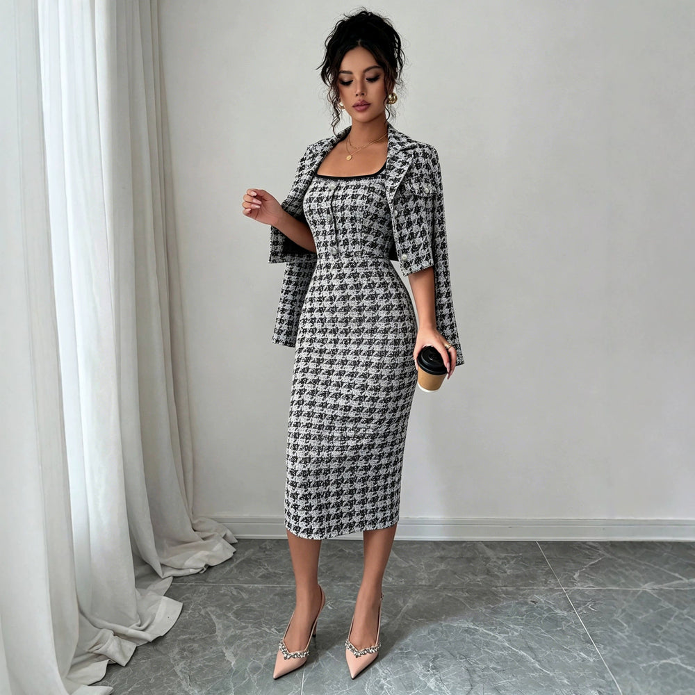 Exportfashionaccessible luxurywork clothing bouclé suitlong sleeves lapelshortoutwearmatching silm suspender slimming look skirt