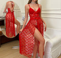 European and american style new sexy lingerie - lace see-through slip dress with mesh red heart slit maxi dress