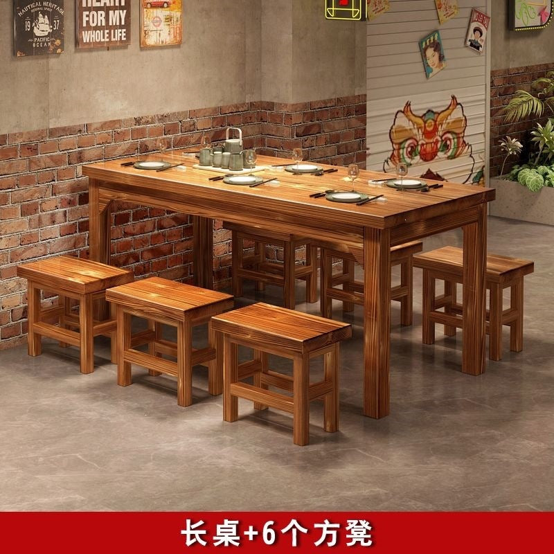 Solid wood dining table and chairs chinoiserie carbonized hot pot barbecue rectangular log dining table restaurant snack shop restaurant dining table