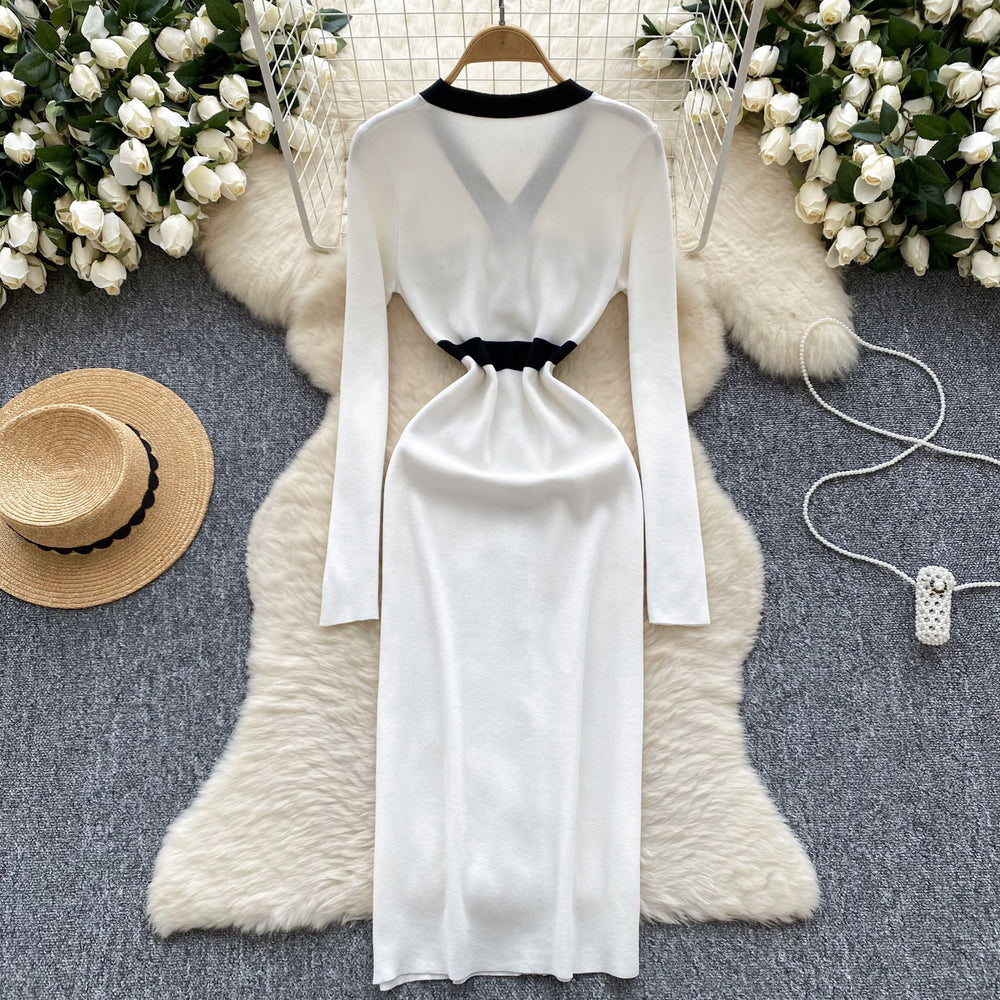 autumn new arrival: women's knitted dress - chanel-inspired retro color block v-neck knit dress with metal buckle waist detail and slim fit
