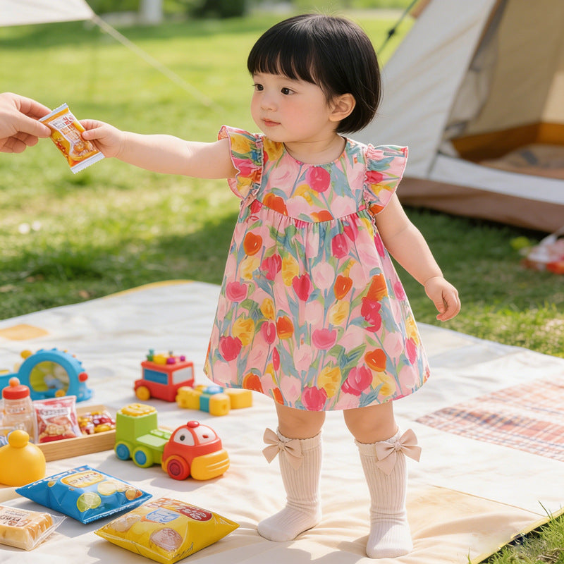 new summer tulip flutter sleeve girls' dress - stylish vest-style princess dress, lightweight summer wear