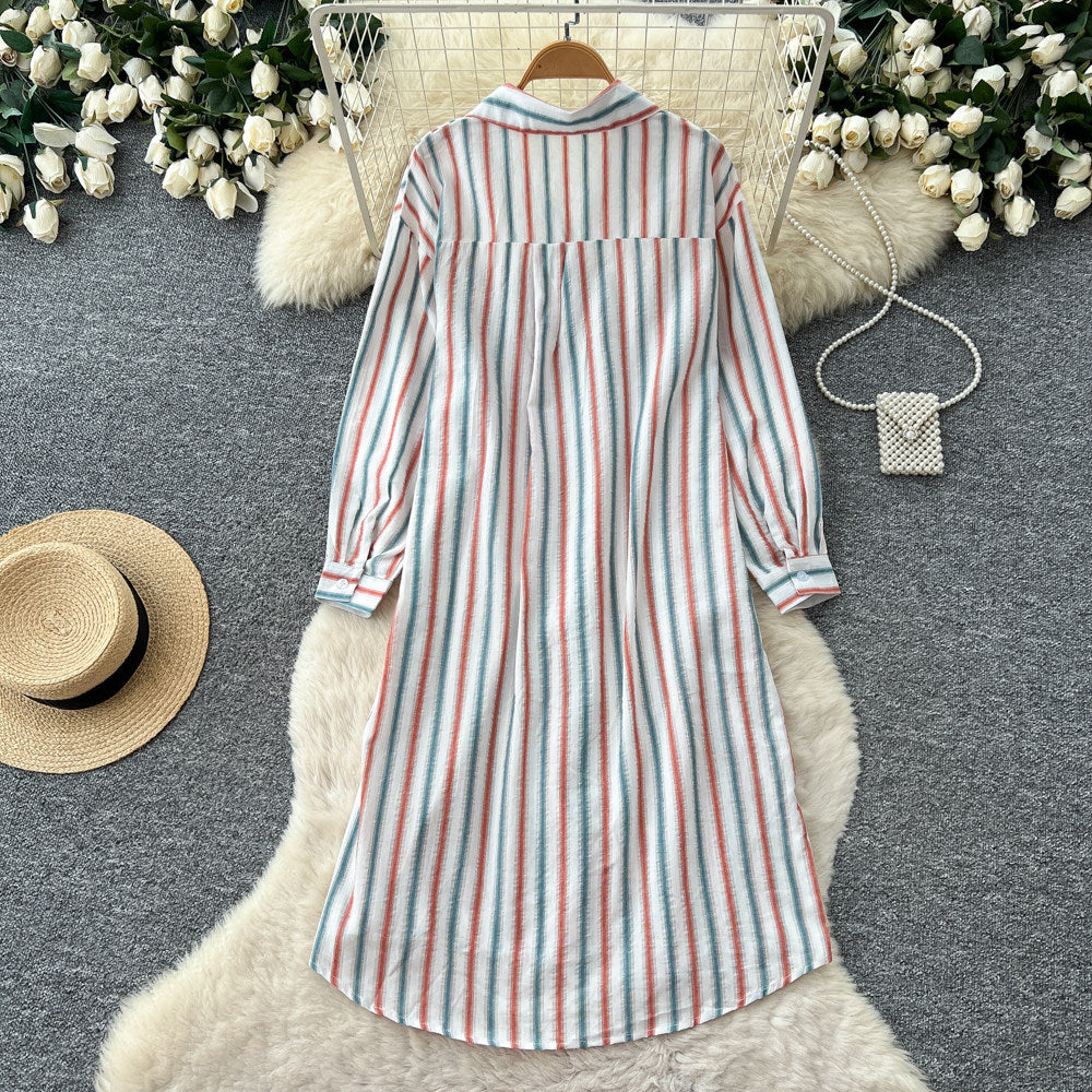 Korean style retro loose striped shirt dress - summer long sleeve a-line midi dress - chic workwear outfit