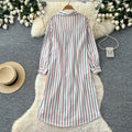 Korean style retro loose striped shirt dress - summer long sleeve a-line midi dress - chic workwear outfit