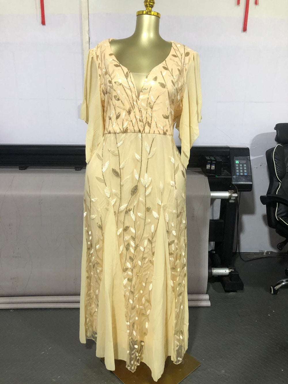 European and american plus-size women's clothing:  summer new arrival - short sleeve v-neck, cinched waist, ruched mesh panel long dress