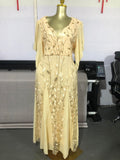European and american plus-size women's clothing:  summer new arrival - short sleeve v-neck, cinched waist, ruched mesh panel long dress