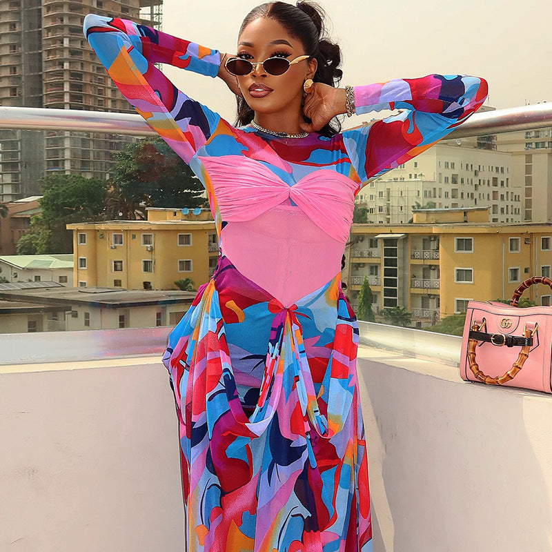 European and american cross-border african women's clothing  spring new arrival: elegant round neck printed patchwork design long dress