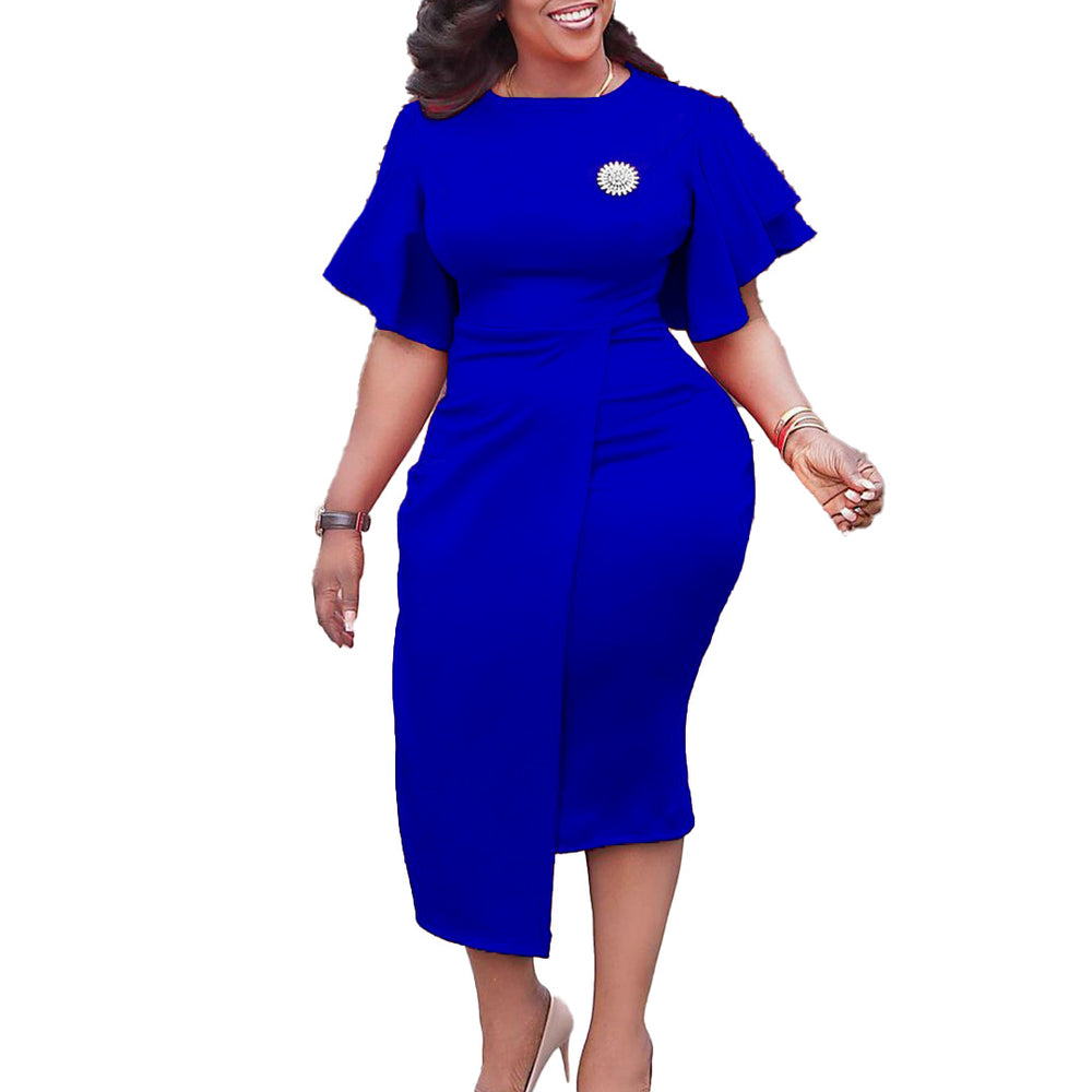 Q072  women's summer new arrival solid color high waist elegant commute ruffle sleeve office european and american style dress