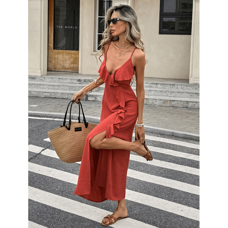 cross-border standard code  independent station 1688elegance asymmetric slit suspender longdress