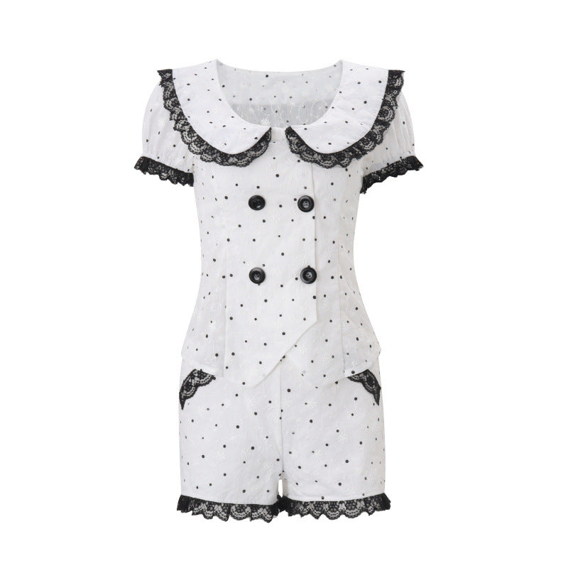 European and american style women's summer  new lace patchwork ruffle trim double-breasted short sleeve top and casual shorts set
