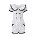 European and american style women's summer  new lace patchwork ruffle trim double-breasted short sleeve top and casual shorts set