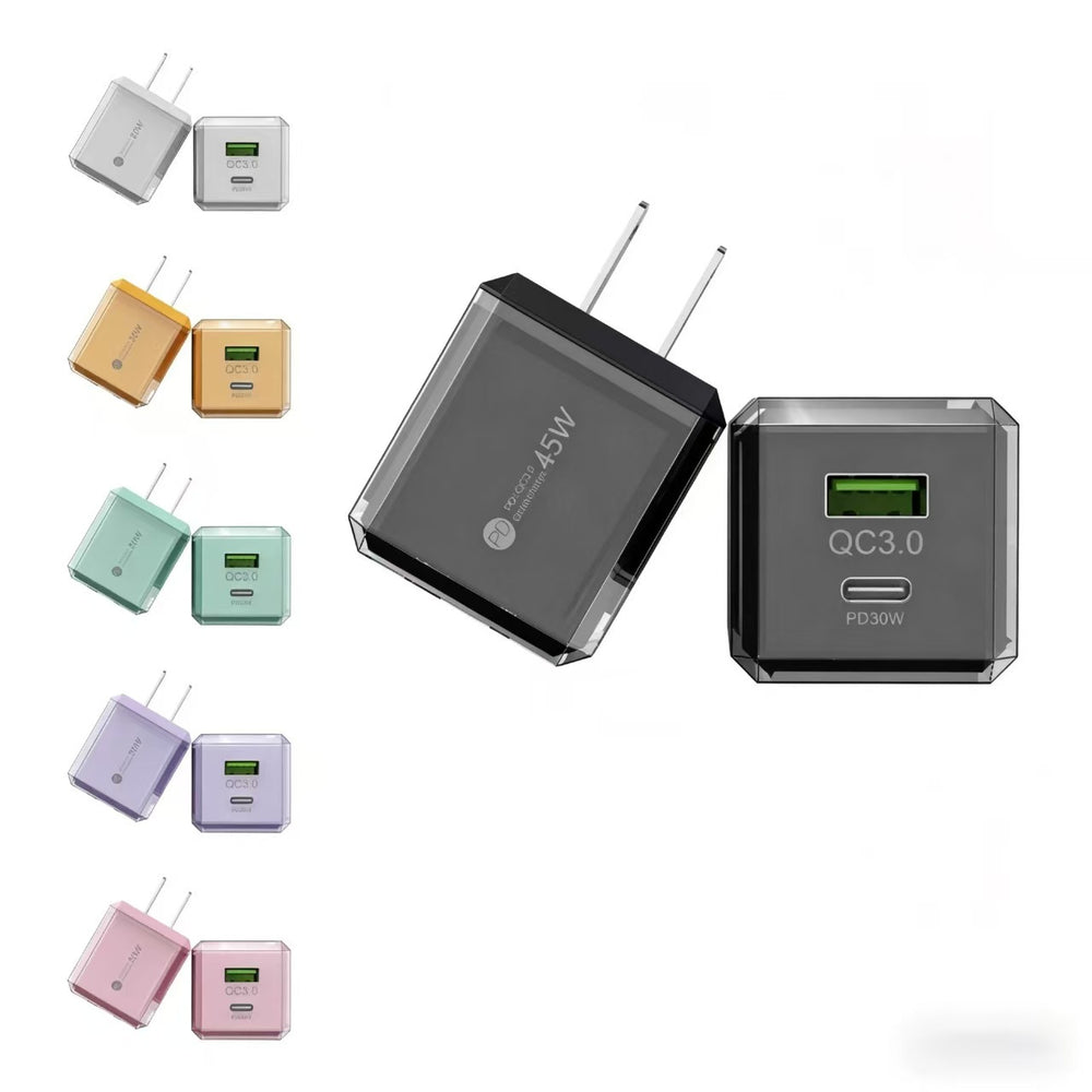 Pd 45w fast charging adapter transparent case - "little ice cube" dual port a+c charger, compatible with apple and huawei phones