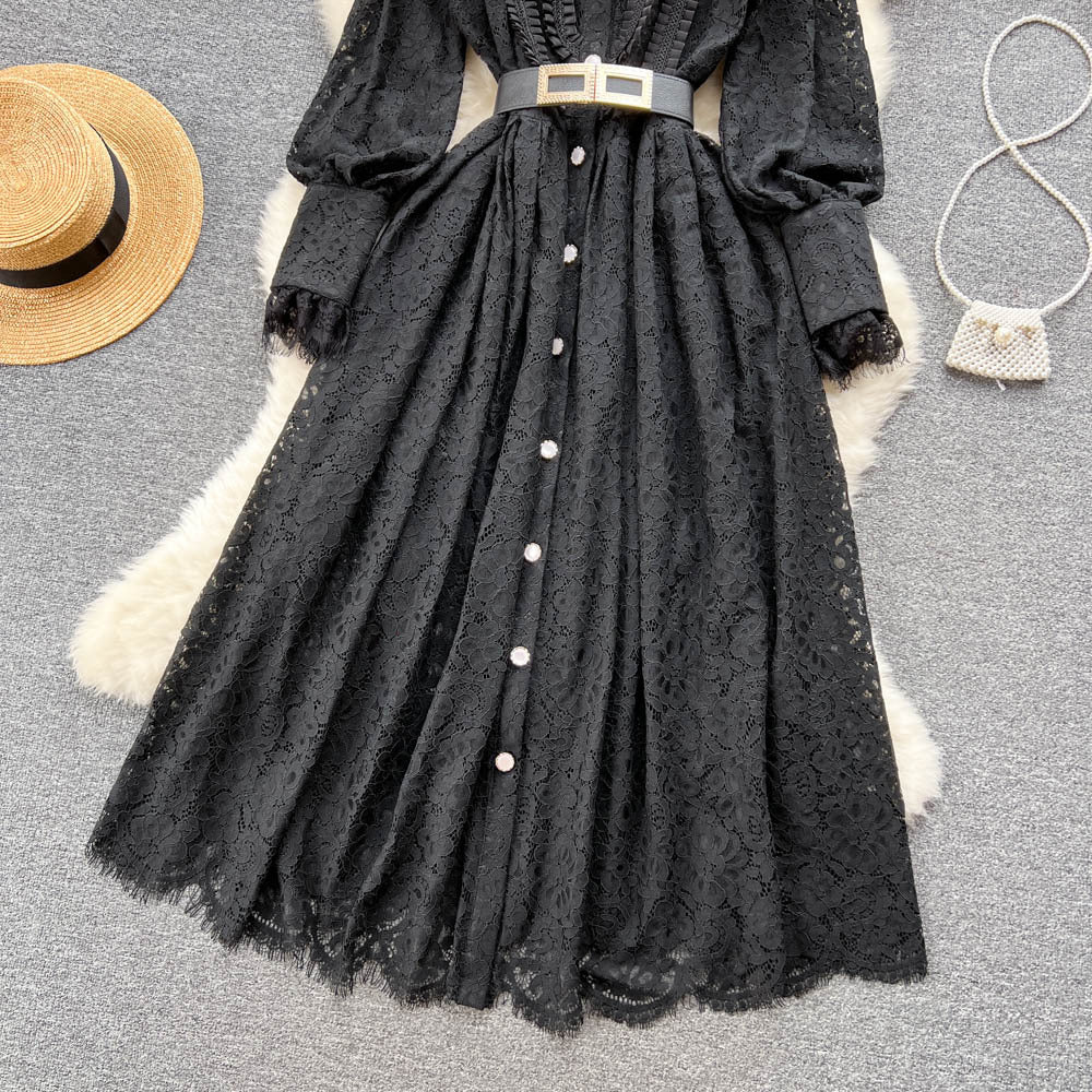 Spring autumnew arrival lapel heavy industry hook flower cut outfrenchlacedress female sexy large swing over the knee long skirt