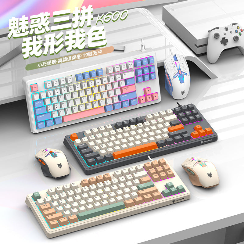 Dazzling silver fox k600 wired keyboard and mouse combo - 87-key rainbow backlit tri-color keycap office & business set