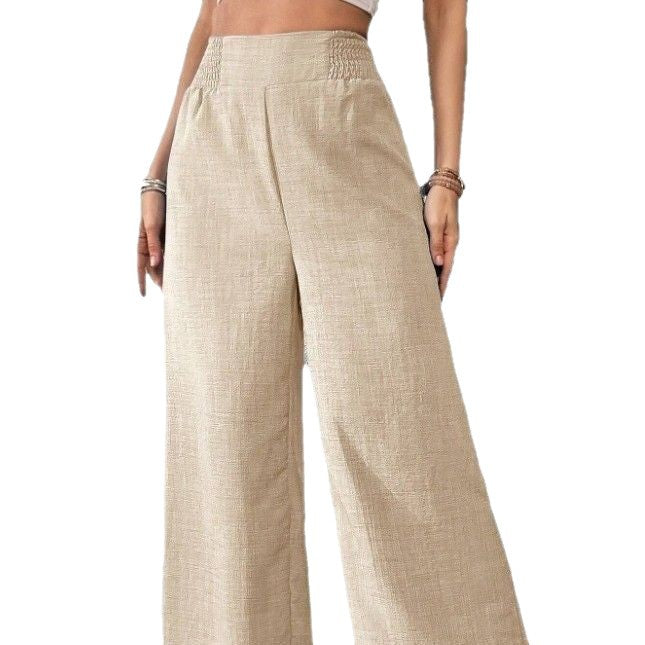 european and american cross-border  spring/summer new women's solid color shirred patchwork high-waisted slimming wide-leg pants