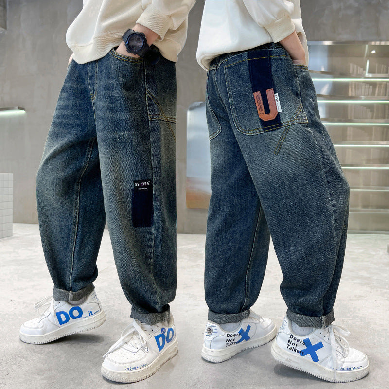Boys' spring pants: new  denim jeans for spring and autumn, kids' trousers, trendy boys' street style pants, loose fit korean style