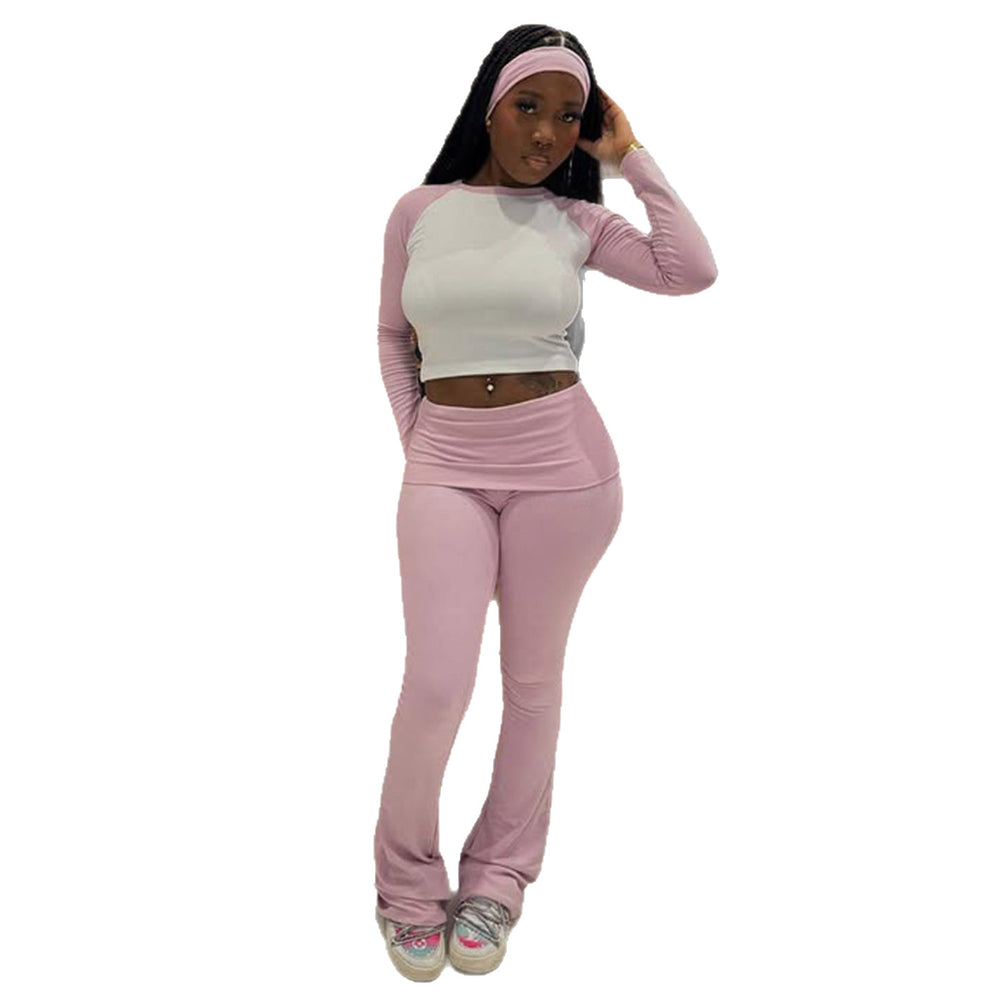 Amazon american casual sports suit comfy basics contrast color long sleeves t-shirt flip waistpants fitness three-piece set wholesale
