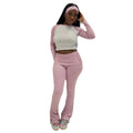 Amazon american casual sports suit comfy basics contrast color long sleeves t-shirt flip waistpants fitness three-piece set wholesale