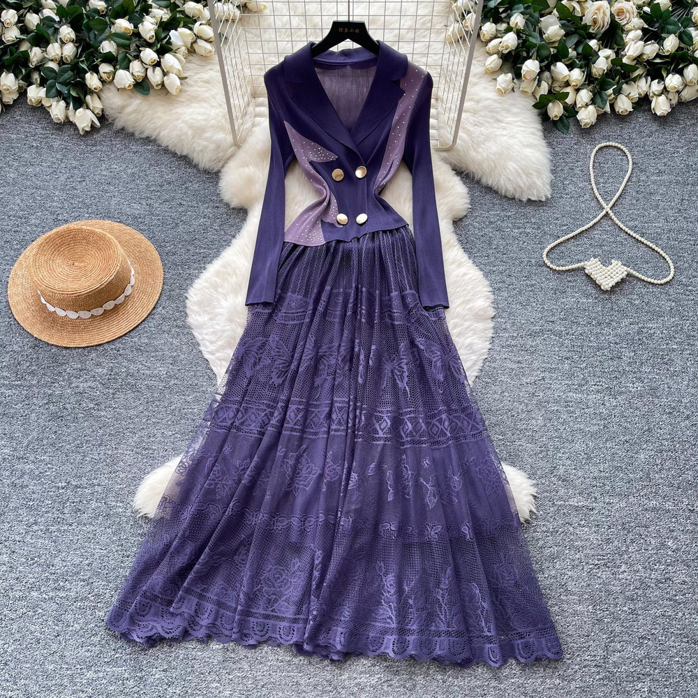 French romantic style blazer collar lace dress - women's summer slimming pleated flowy maxi dress - commute chic & elegant