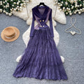 French romantic style blazer collar lace dress - women's summer slimming pleated flowy maxi dress - commute chic & elegant