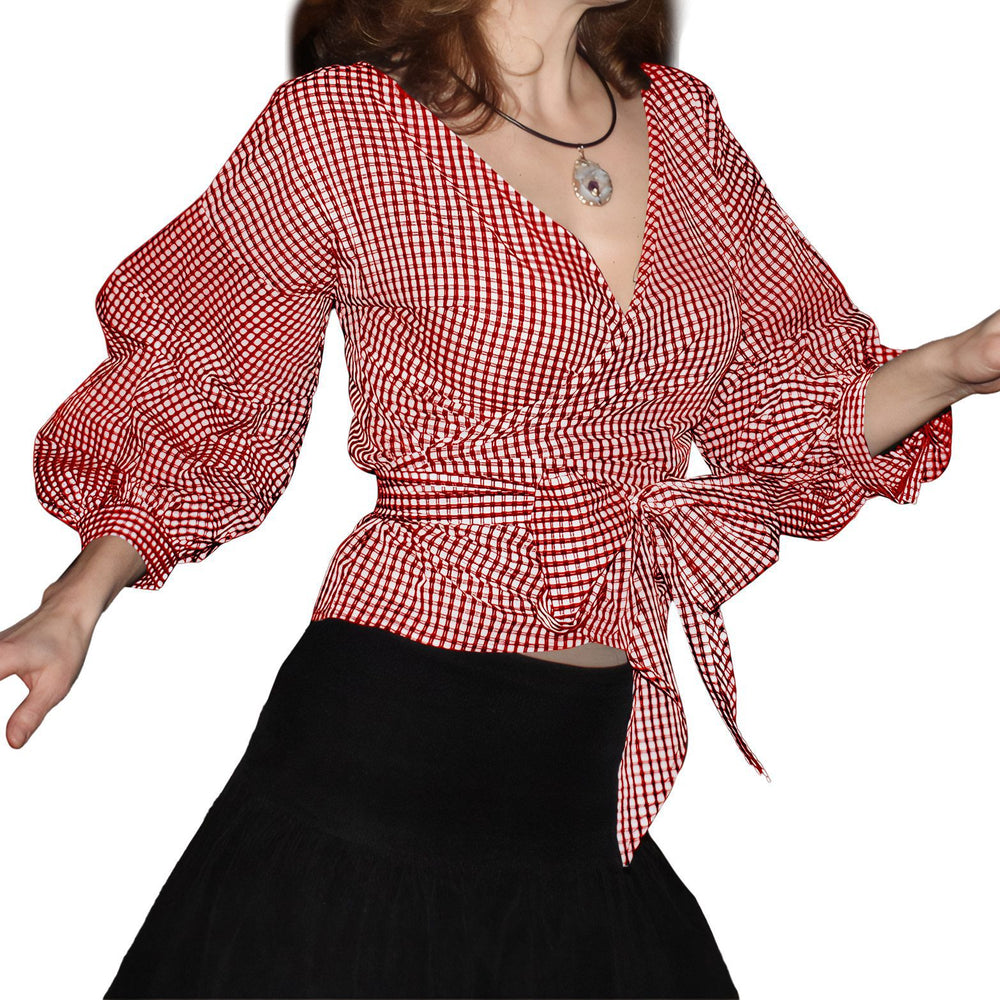 D3319export summer large size fashion v neck puff sleeve large bow decoration shirt plaid strap european and american tops