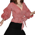 D3319export summer large size fashion v neck puff sleeve large bow decoration shirt plaid strap european and american tops