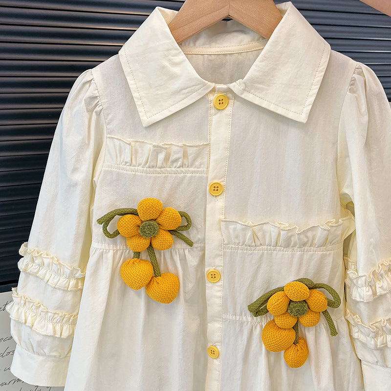 Girls' spring/autumn new collection: mid-length shirt dress - spring outfit with puff sleeves, 3d sunflower appliqué, princess style, trendy kids' fashion