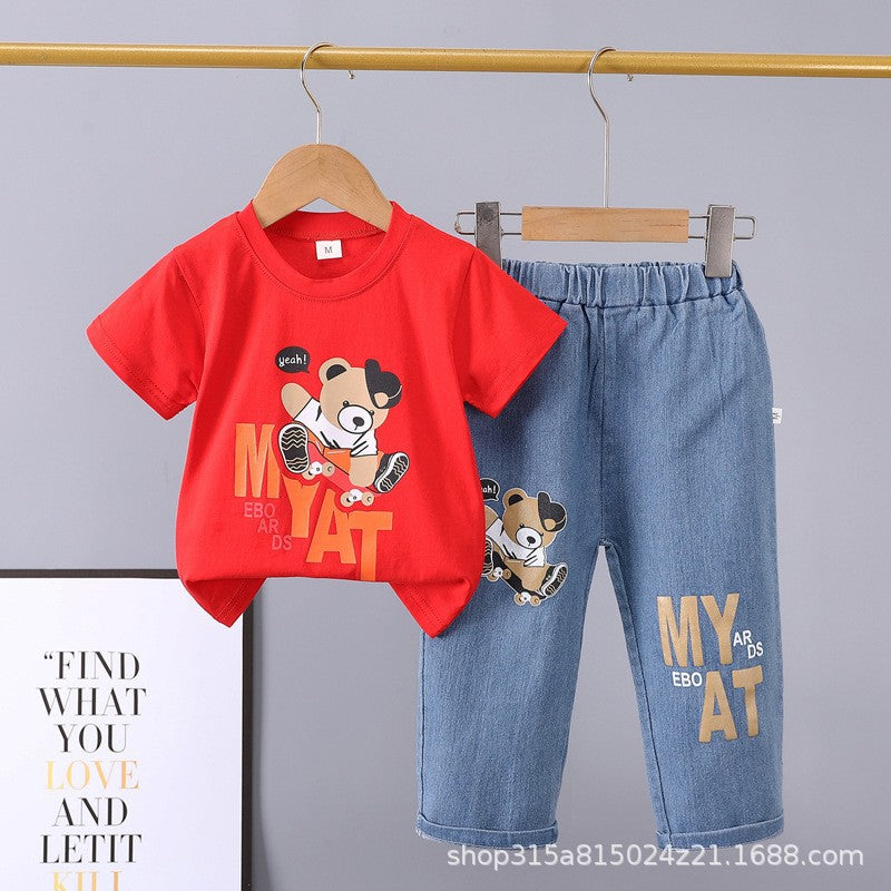 Summer  new arrivals: 0-5 year old kids' cartoon car & animal print crewneck short sleeve & denim pants two-piece cotton set