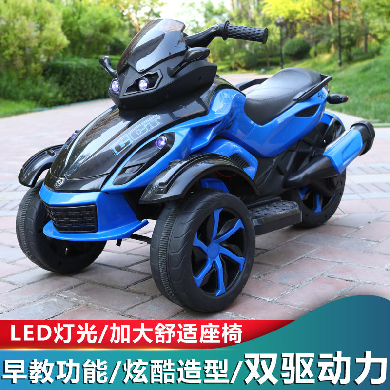Four-wheeled shock absorption children's electric three-wheeled motorcycle, dual-drive dual-electric LED lighting, early education electric three-wheeled motorcycle