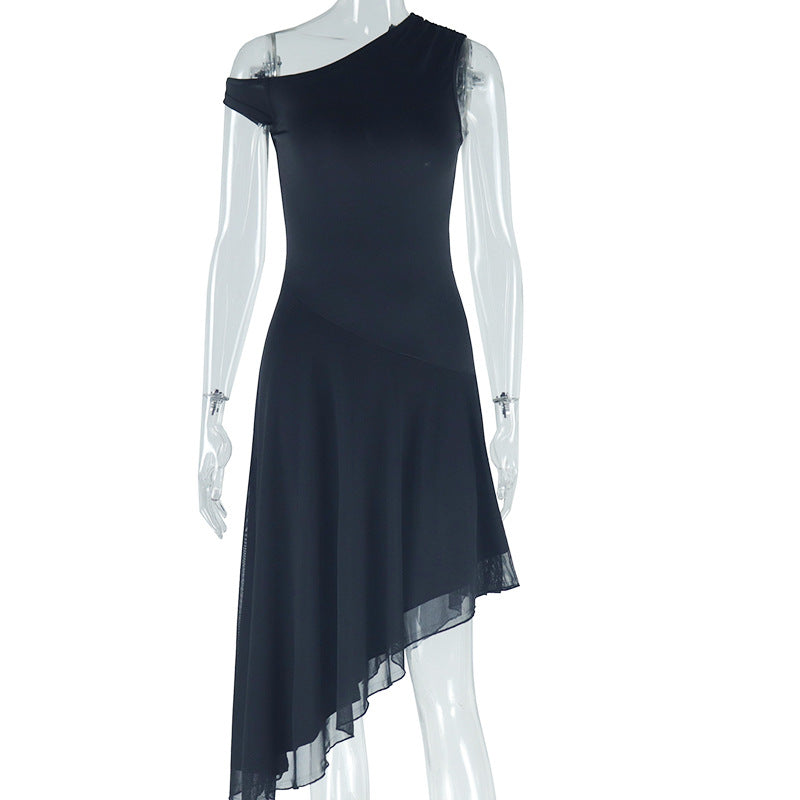 European and american style ins foreign trade women's fashion solid color dress - asymmetrical off-the-shoulder sleeveless dress