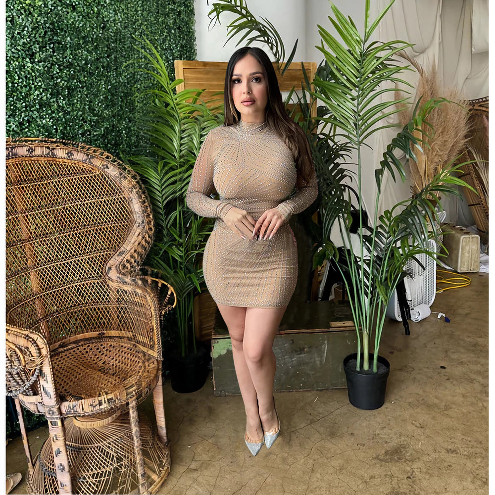 C7017 cross-border   independent station fashion women's hot diamond mesh round neck dress length