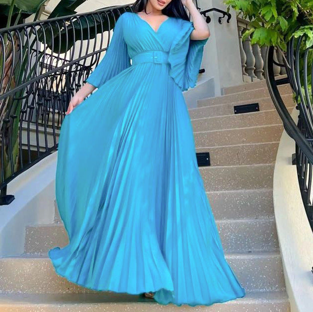 C8478 european and american women's clothing   new v-neck sexy pleated maxi dress cross-border dress