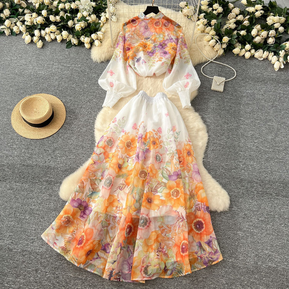 Fashion celebrity printingsuit women's vacation style stand collar lantern sleeve slimming lookshirthigh waist long skirt
