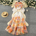 Fashion celebrity printingsuit women's vacation style stand collar lantern sleeve slimming lookshirthigh waist long skirt